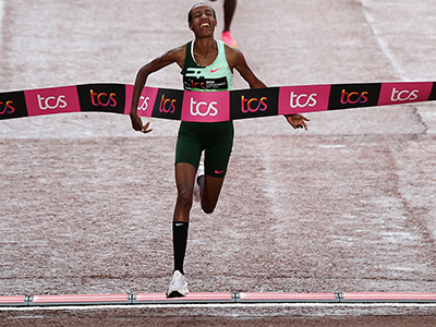 Sifan Hassan crosses the line in London to win a stunning marathon debut