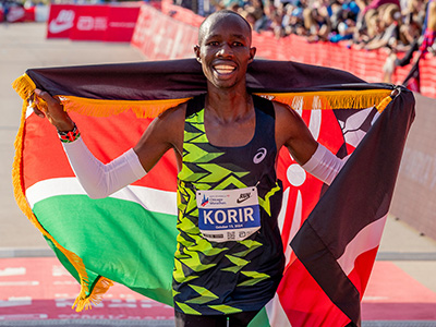 John Korir celebrates winning the 2024 Bank of America Chicago Marathon