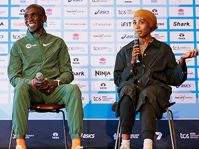 Eliud Kipchoge and Sifan Hassan at the TCS Sydney Marathon conference