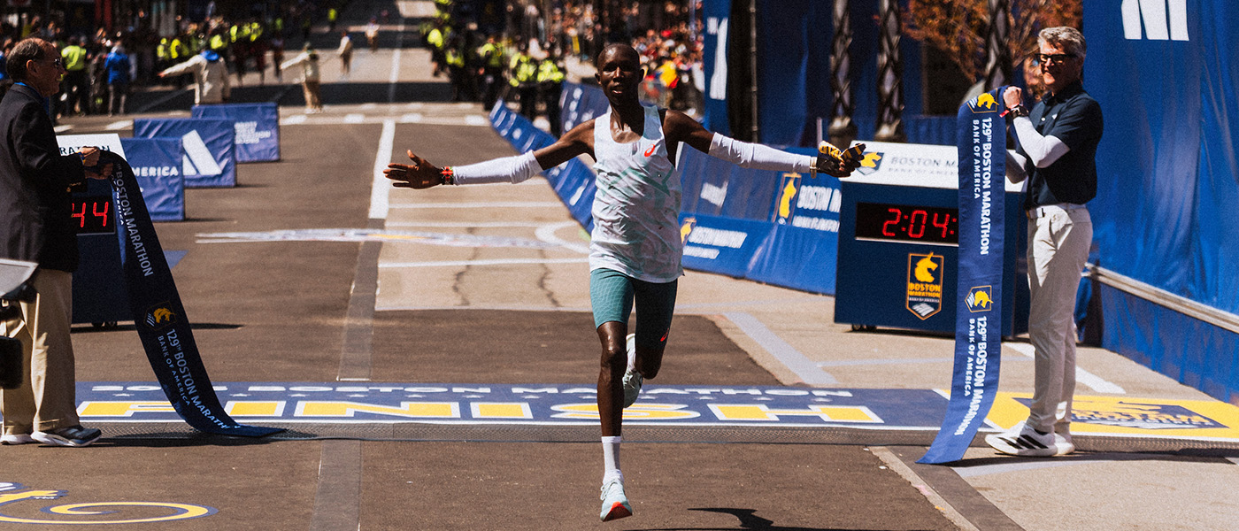 John Korir celebrates winning in Boston