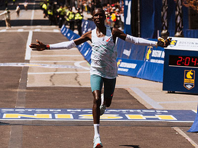 John Korir celebrates winning in Boston